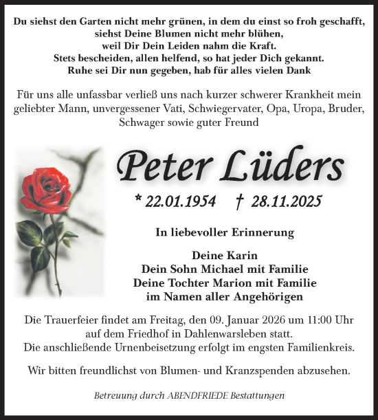 Traueranzeige von Peter Lüders von Volksstimme Haldensleben/Wolmirstedt