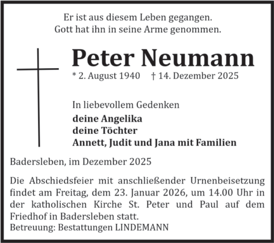 Traueranzeige von Peter Neumann von Volksstimme Halberstadt