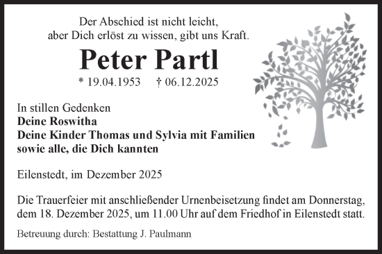 Traueranzeige von Peter Partl von Volksstimme Halberstadt