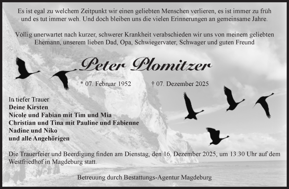  Traueranzeige für Peter Plomitzer vom 13.12.2025 aus Volksstimme Magdeburg