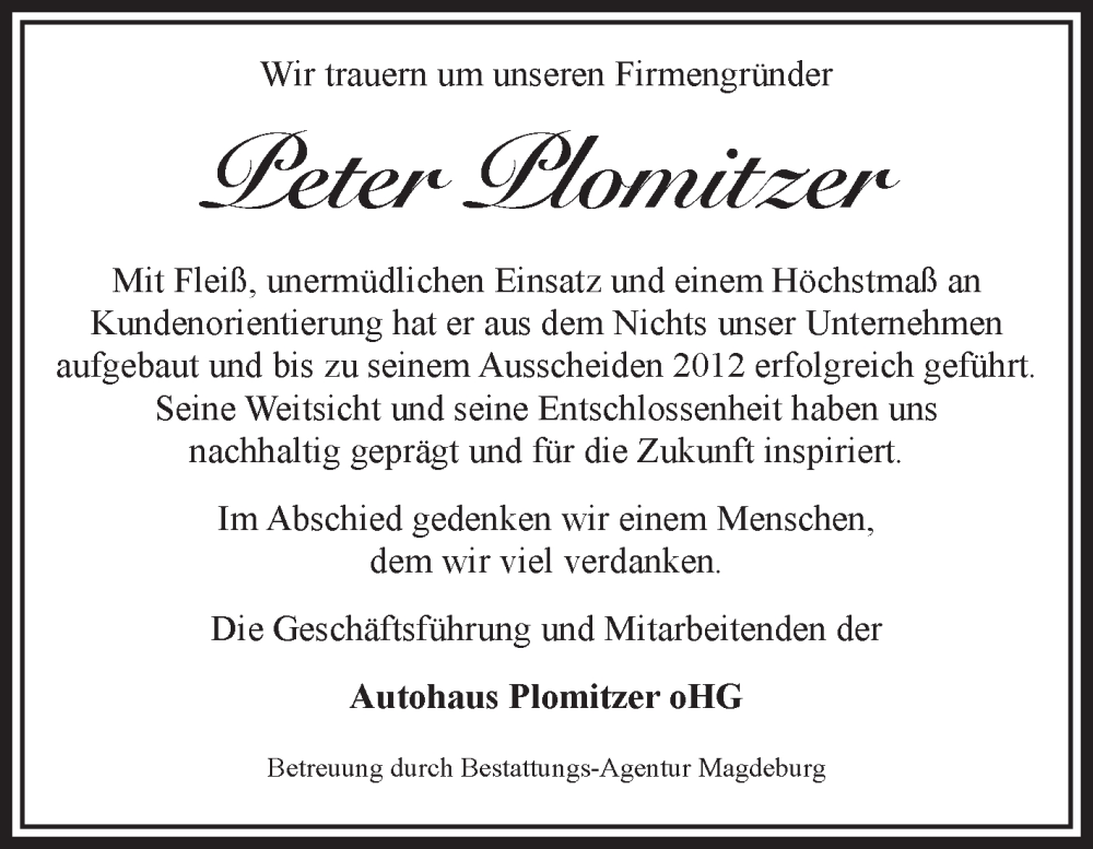  Traueranzeige für Peter Plomitzer vom 13.12.2025 aus Volksstimme Magdeburg