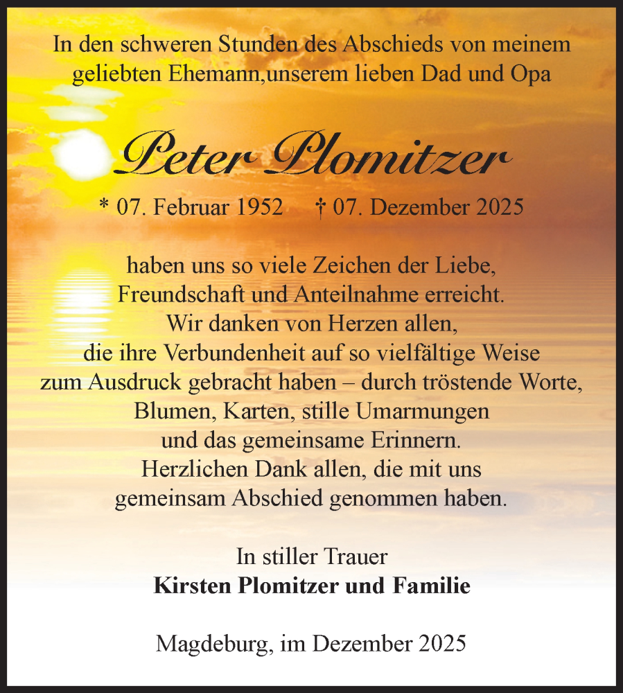  Traueranzeige für Peter Plomitzer vom 27.12.2025 aus Volksstimme Magdeburg