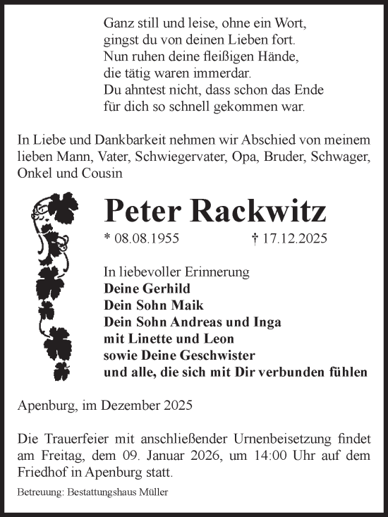 Traueranzeige von Peter Rackwitz von Volksstimme Altmark West