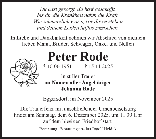 Traueranzeige von Peter Rode von Volksstimme Schönebeck