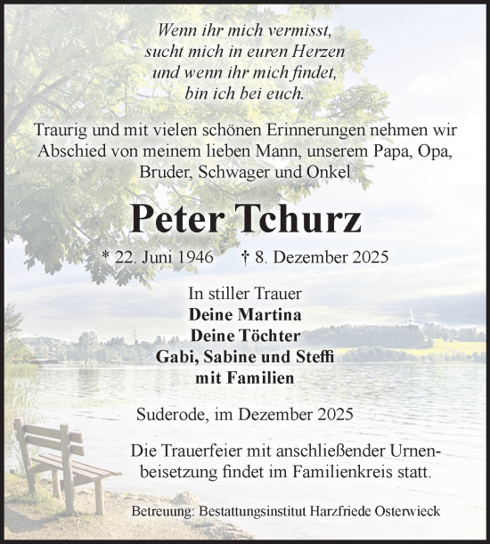Traueranzeige von Peter Tchurz von Volksstimme Halberstadt