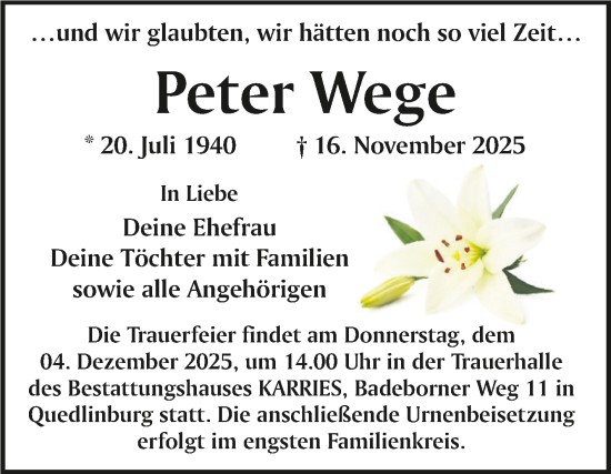 Traueranzeige von Peter Wege von Trauerkombi Quedlinburg