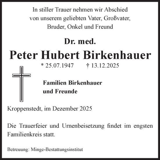 Traueranzeige von Peter Hubert Birkenhauer von Volksstimme Oschersleben/Wanzleben