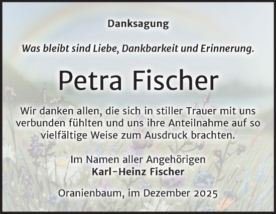 Traueranzeige von Petra Fischer von Trauerkombi Wittenberg
