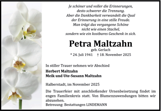 Traueranzeige von Petra Maltzahn von Volksstimme Halberstadt