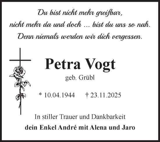 Traueranzeige von Petra Vogt 