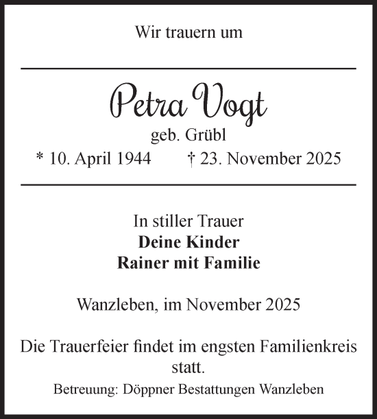 Traueranzeige von Petra Vogt von Volksstimme Haldensleben/Wolmirstedt