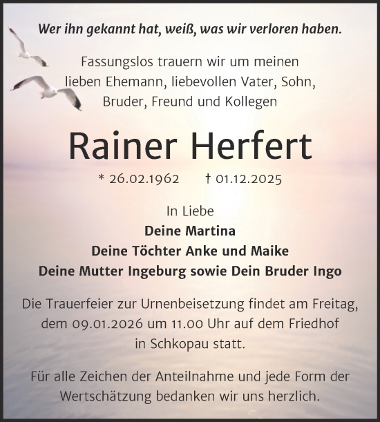 Traueranzeige von Rainer Herfert von Trauerkombi Merseburg