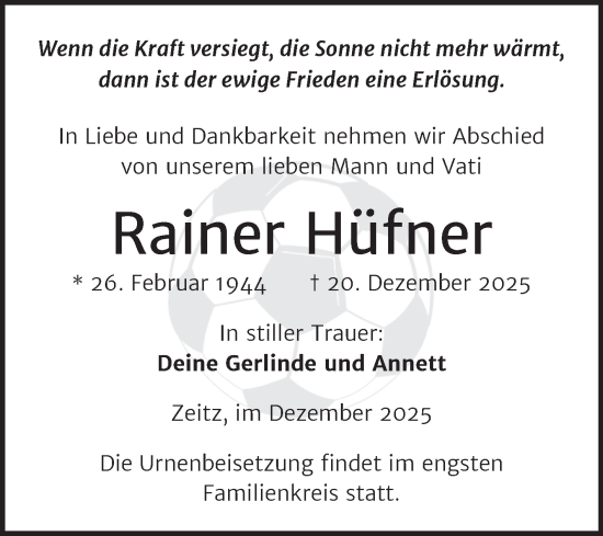 Traueranzeige von Rainer Hüfner von Trauerkombi Zeitz