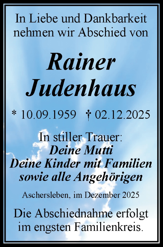 Traueranzeige von Rainer Judenhaus von Trauerkombi Aschersleben