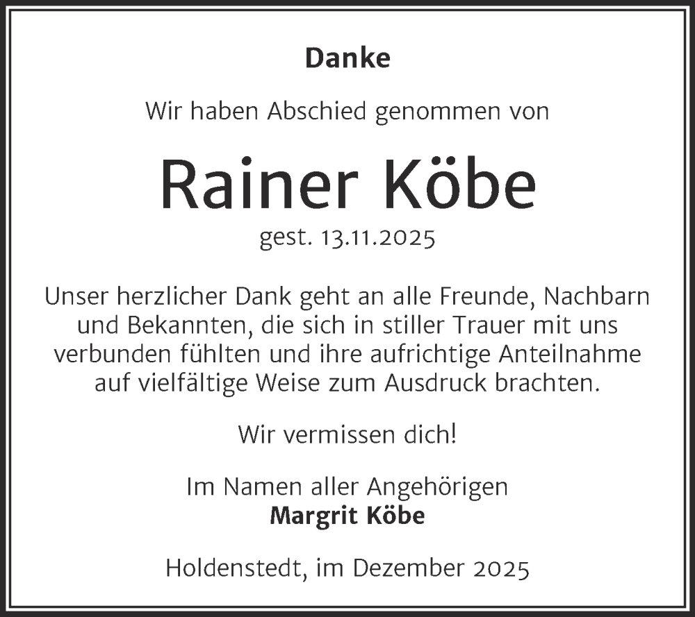  Traueranzeige für Rainer Köbe vom 13.12.2025 aus Trauerkombi Sangerhausen