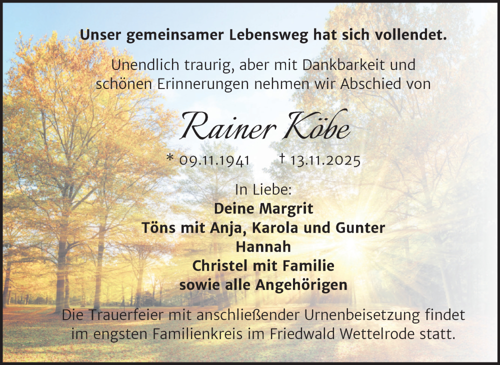  Traueranzeige für Rainer Köbe vom 29.11.2025 aus Trauerkombi Sangerhausen