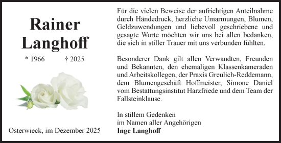 Traueranzeige von Rainer Langhoff von Volksstimme Halberstadt