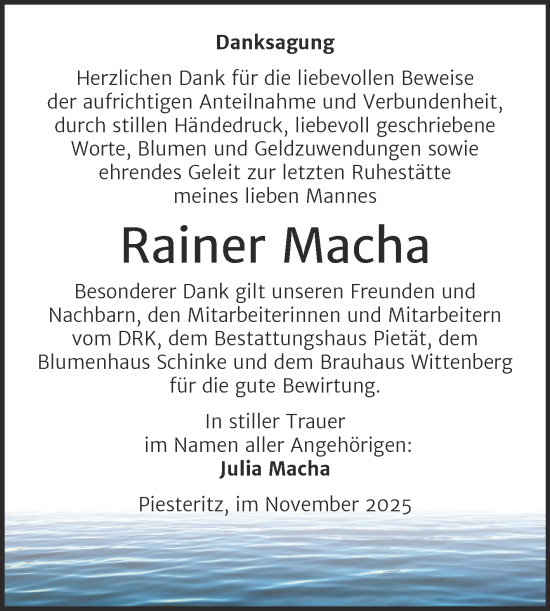 Traueranzeige von Rainer Macha von Trauerkombi Wittenberg