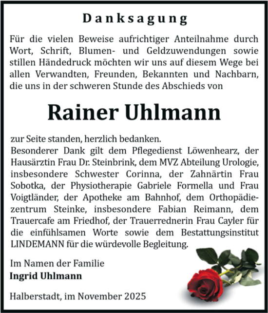 Traueranzeige von Rainer Uhlmann von Volksstimme Halberstadt