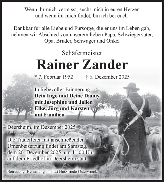 Traueranzeige von Rainer Zander von Volksstimme Halberstadt