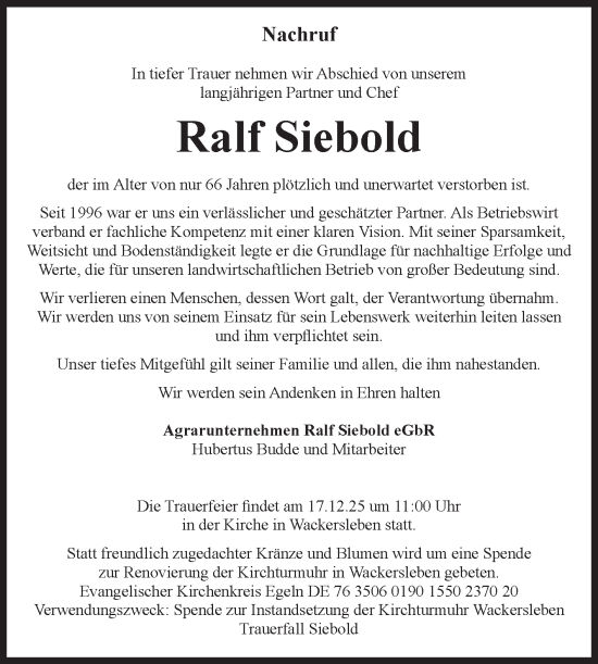 Traueranzeige von Ralf Siebold von Volksstimme Oschersleben/Wanzleben