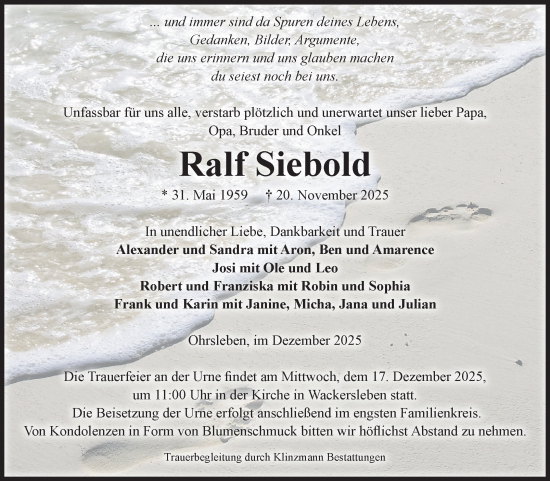 Traueranzeige von Ralf Siebold von Volksstimme Oschersleben/Wanzleben