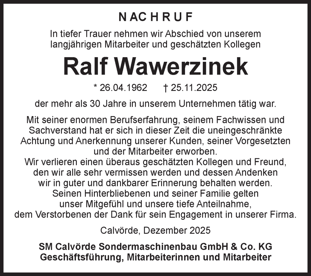 Traueranzeige für Ralf Wawerzinek vom 13.12.2025 aus Volksstimme Haldensleben/Wolmirstedt