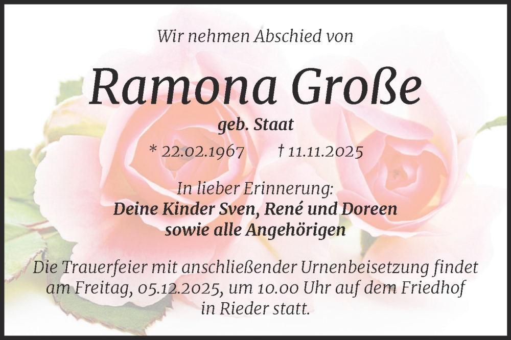  Traueranzeige für Ramona Große vom 29.11.2025 aus Trauerkombi Quedlinburg