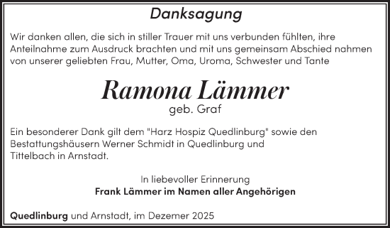 Traueranzeige von Ramona Lämmer von Trauerkombi Quedlinburg