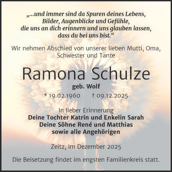 Traueranzeige von Ramona Schulze von Trauerkombi Zeitz