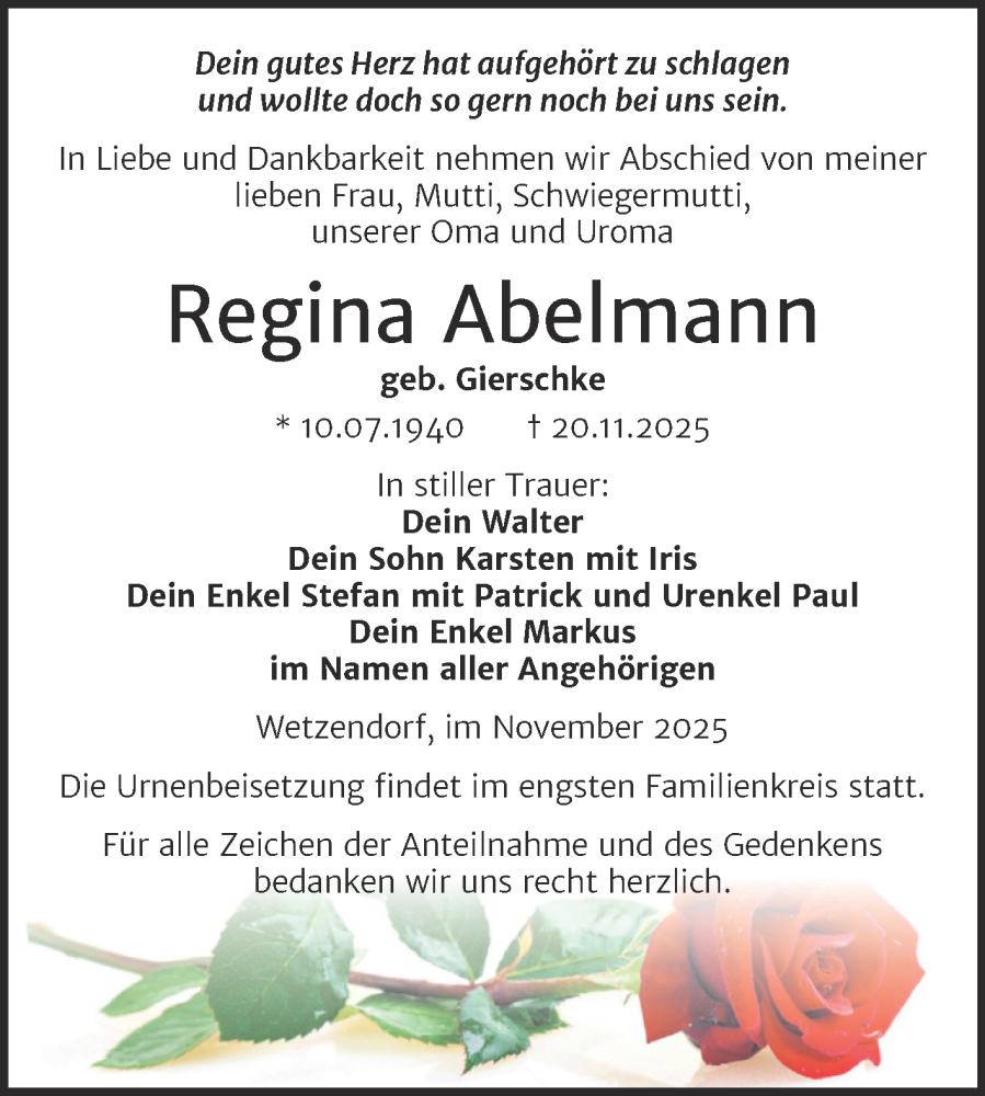  Traueranzeige für Regina Abelmann vom 06.12.2025 aus Super Sonntag Naumburg/Nebra