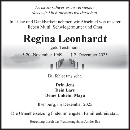 Traueranzeige von Regina Leonhardt von Volksstimme Wernigerode