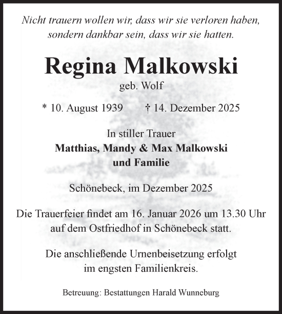 Traueranzeige von Regina Malkowski von Volksstimme Schönebeck