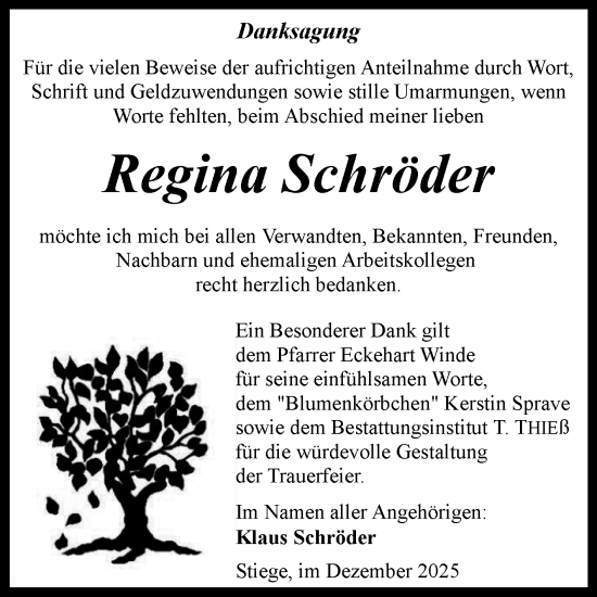 Traueranzeige von Regina Schröder von Volksstimme Wernigerode