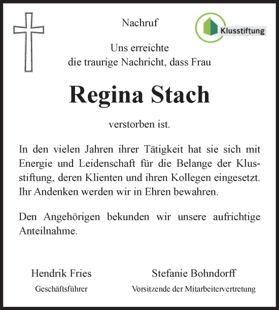Traueranzeige von Regina Stach von Volksstimme Staßfurt