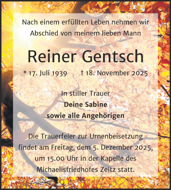 Traueranzeige von Reiner Gentsch von Trauerkombi Zeitz