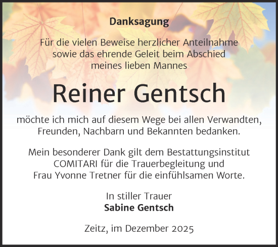 Traueranzeige von Reiner Gentsch von Trauerkombi Zeitz