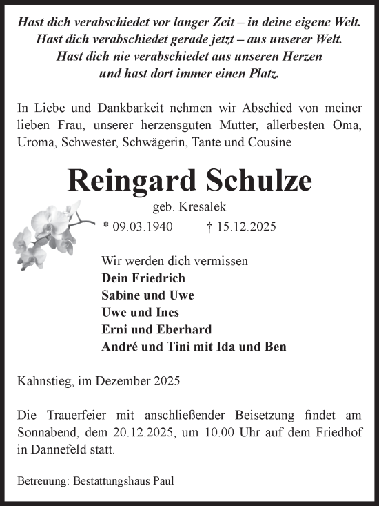Traueranzeige von Reingard Schulze von Volksstimme Altmark West