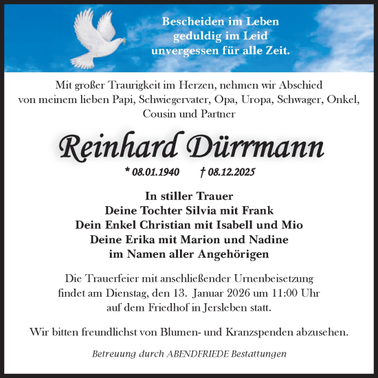 Traueranzeige von Reinhard Dürrmann von Volksstimme Haldensleben/Wolmirstedt