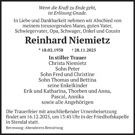 Traueranzeige von Reinhard Niemietz von Volksstimme Altmark Ost