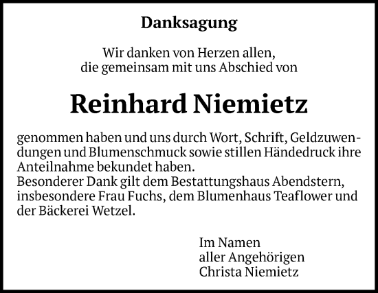 Traueranzeige von Reinhard Niemietz von Volksstimme Altmark Ost