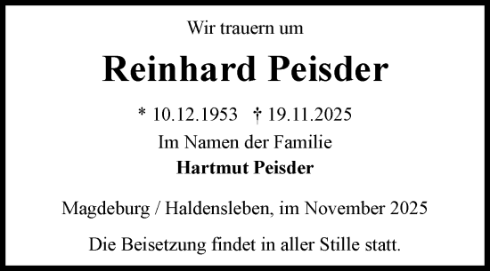 Traueranzeige von Reinhard Peisder von Volksstimme Haldensleben/Wolmirstedt