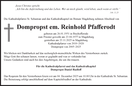 Traueranzeige von Reinhold Pfafferodt von Volksstimme Magdeburg