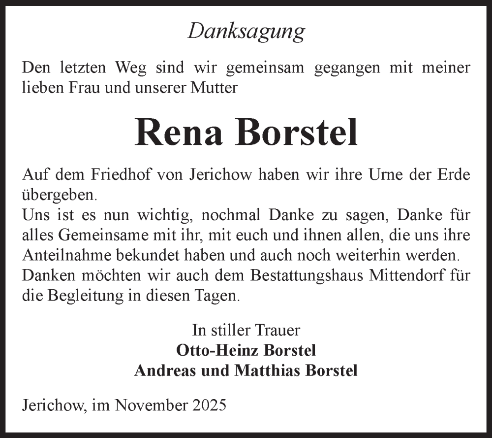  Traueranzeige für Rena Borstel vom 29.11.2025 aus Volksstimme Burg/Genthin
