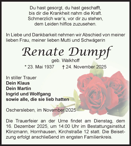 Traueranzeige von Renate Dumpf von Volksstimme Oschersleben/Wanzleben