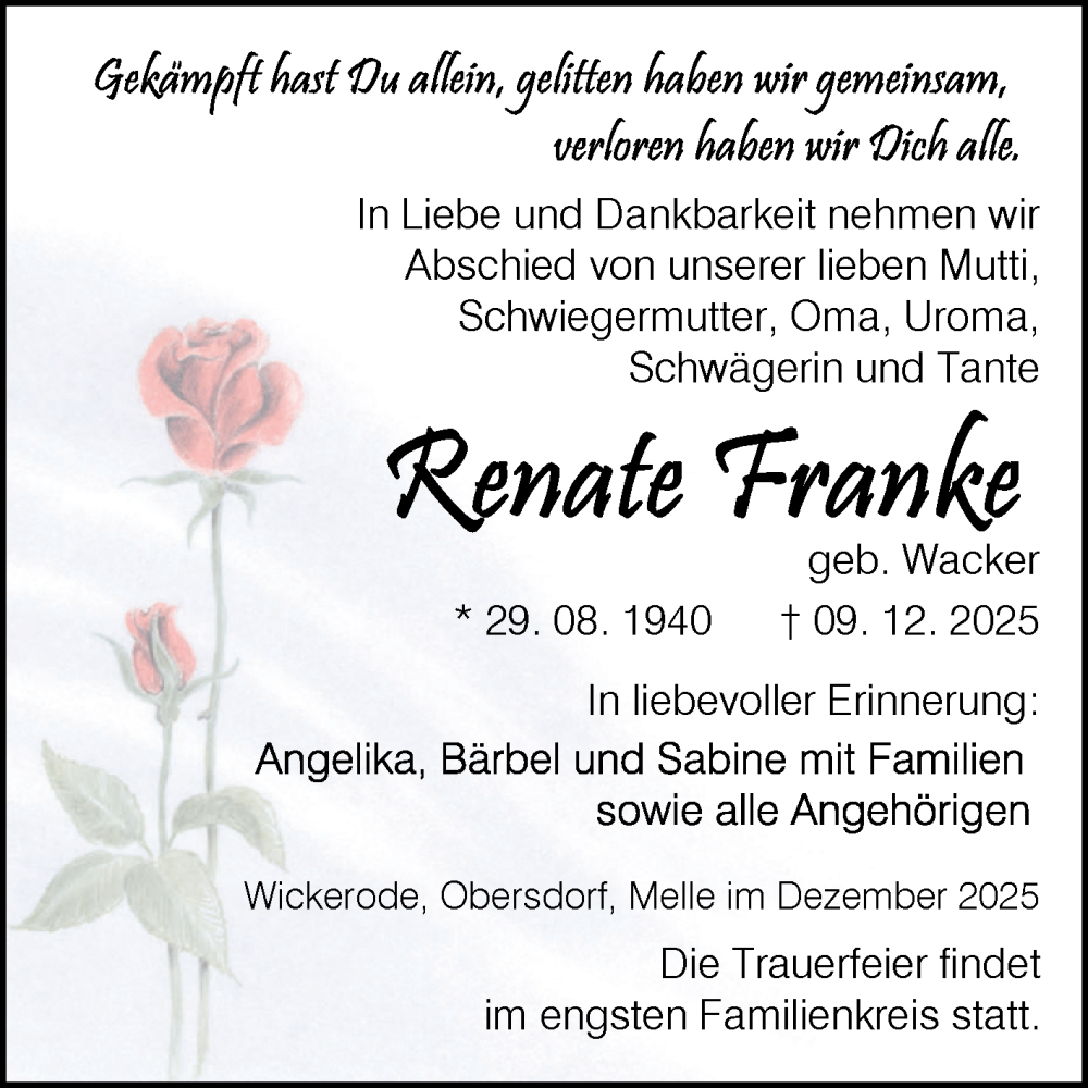  Traueranzeige für Renate Franke vom 13.12.2025 aus Trauerkombi Sangerhausen