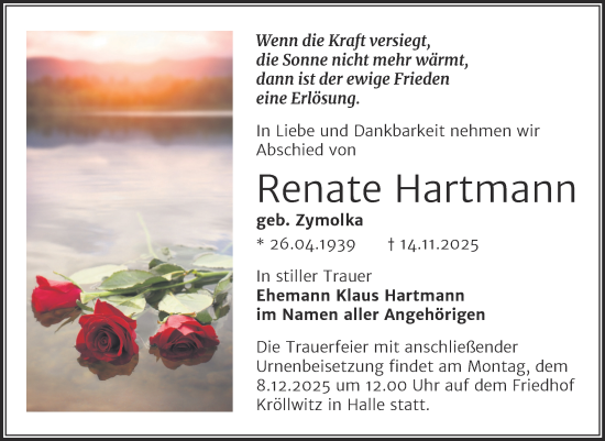 Traueranzeige von Renate Hartmann von Mitteldeutsche Zeitung Halle/Saalkreis