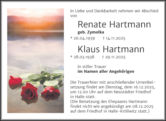 Traueranzeige von Renate Hartmann von Mitteldeutsche Zeitung Halle/Saalkreis