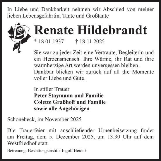 Traueranzeige von Renate Hildebrandt von Volksstimme Schönebeck