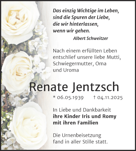 Traueranzeige von Renate Jentzsch von Super Sonntag Naumburg/Nebra